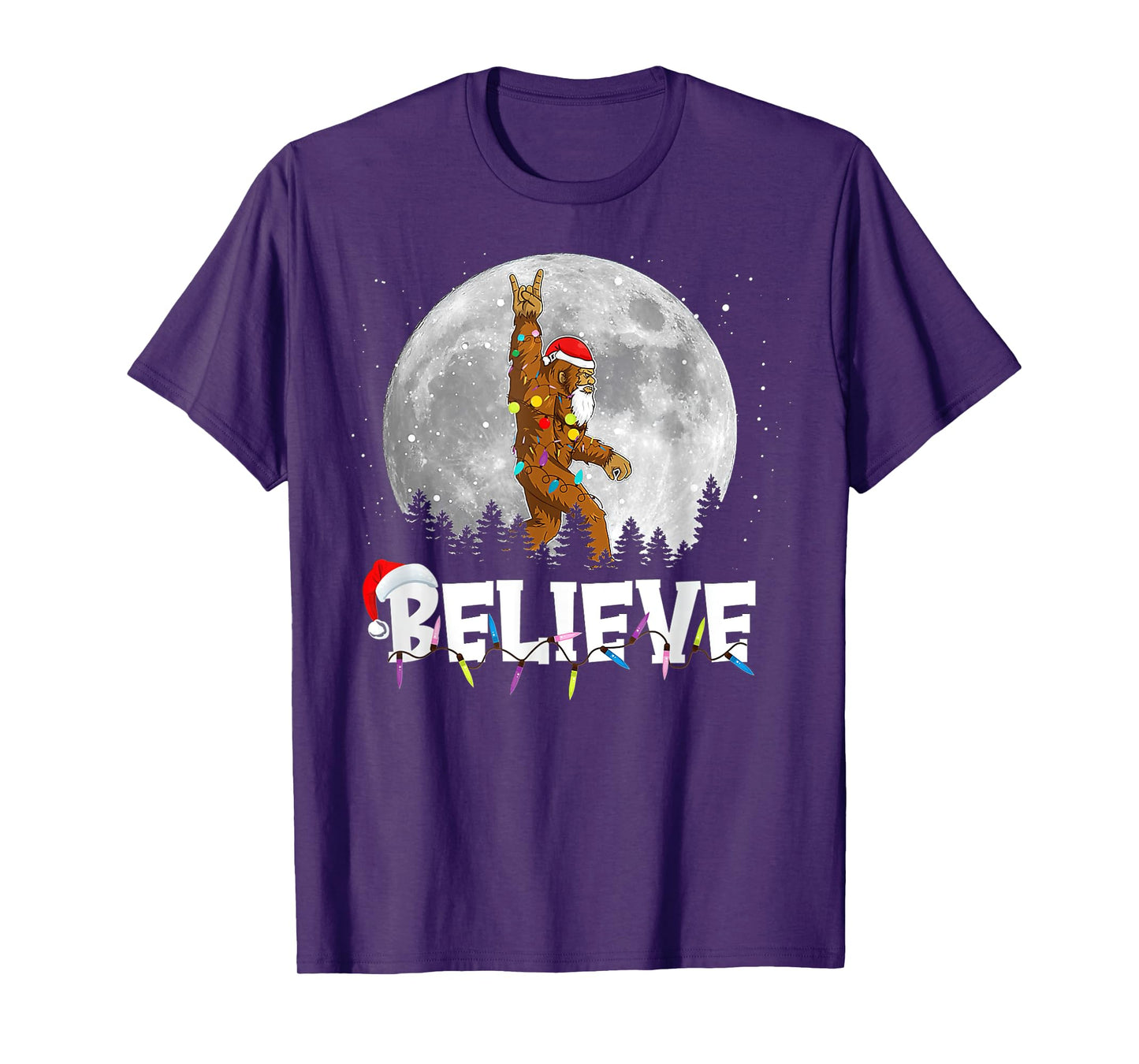Santa Bigfoot Christmas Light Funny Sasquatch Believe Xmas T-Shirt