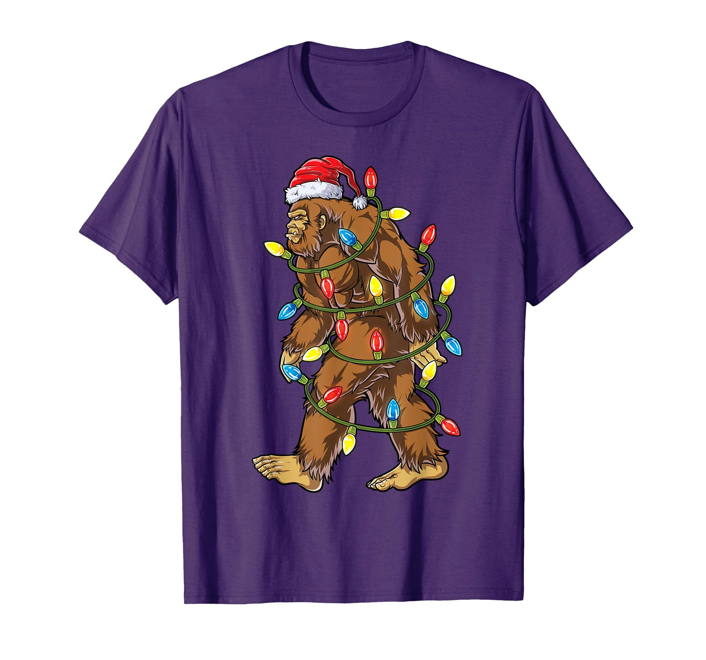 Bigfoot Santa Christmas Tree Lights Xmas Boys Men Sasquatch Short Sleeve T-Shirt