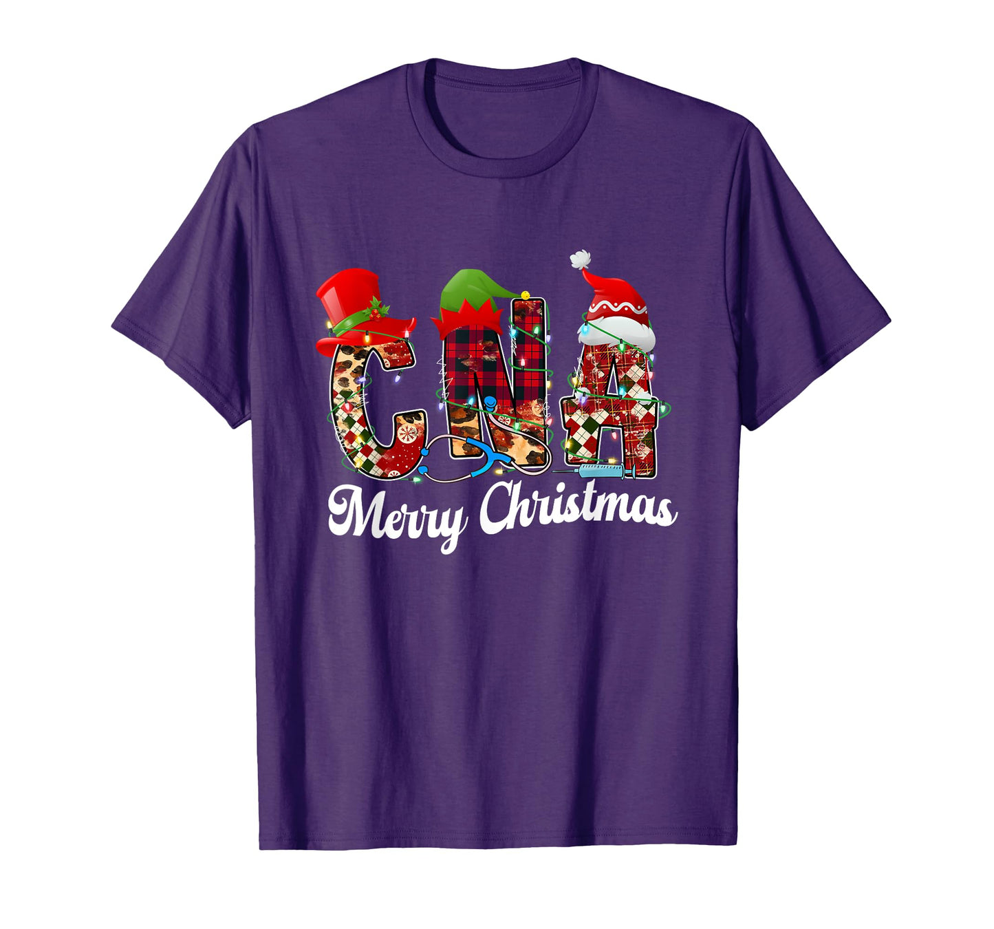 Leopard Red Plaid CNA Nurse Santa Hat Elf Christmas Lights T-Shirt