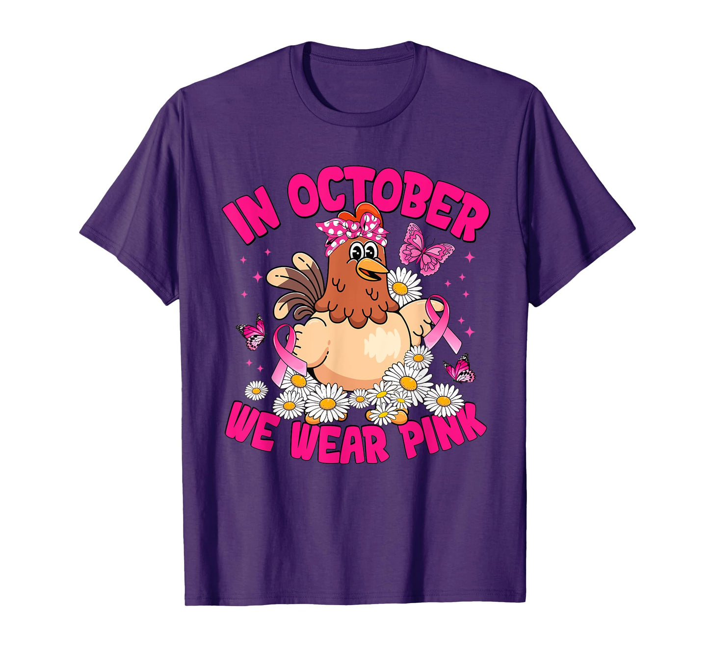 in October We Wear Pink Breast Cancer Awareness Chicken Bow T-Shirt