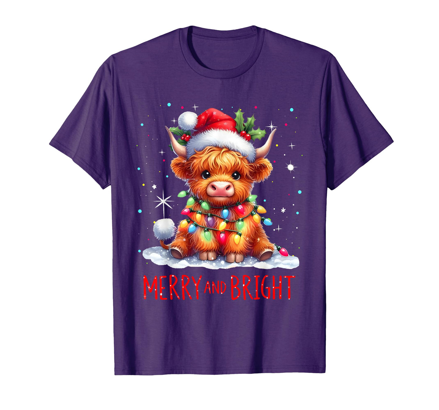 Cute Highland Baby Cow Christmas Lights Merry & Bright Xmas T-Shirt