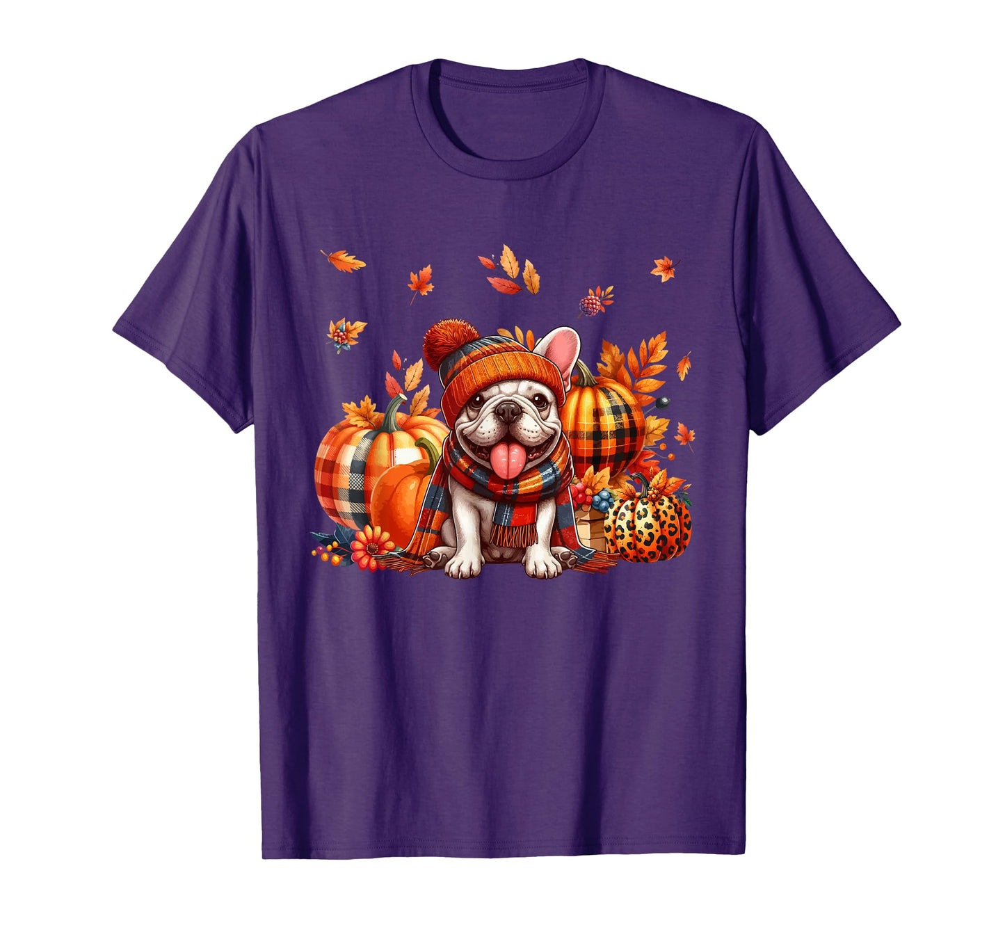 French Bulldog Thanksgiving Leopard Pumpkins Fall Leaves T-Shirt