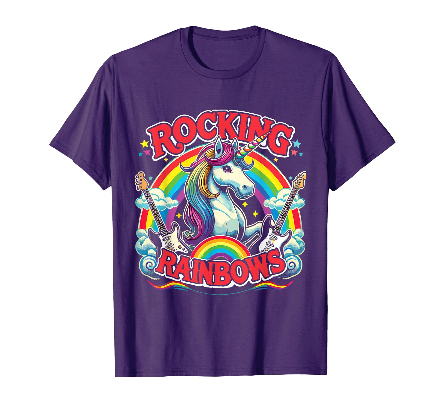 Rock Star Rock And Roll Rocking Rainbows Unicorn Guitar T-Shirt