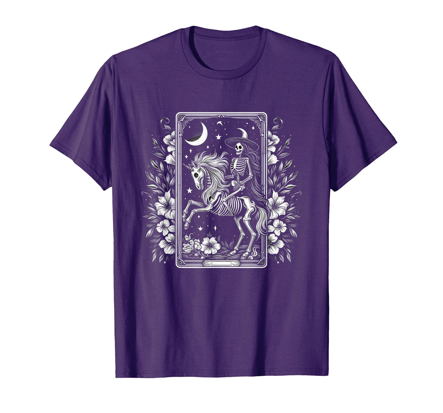 Skeleton Riding Unicorn Skeleton Tarot Card Halloween Flower T-Shirt