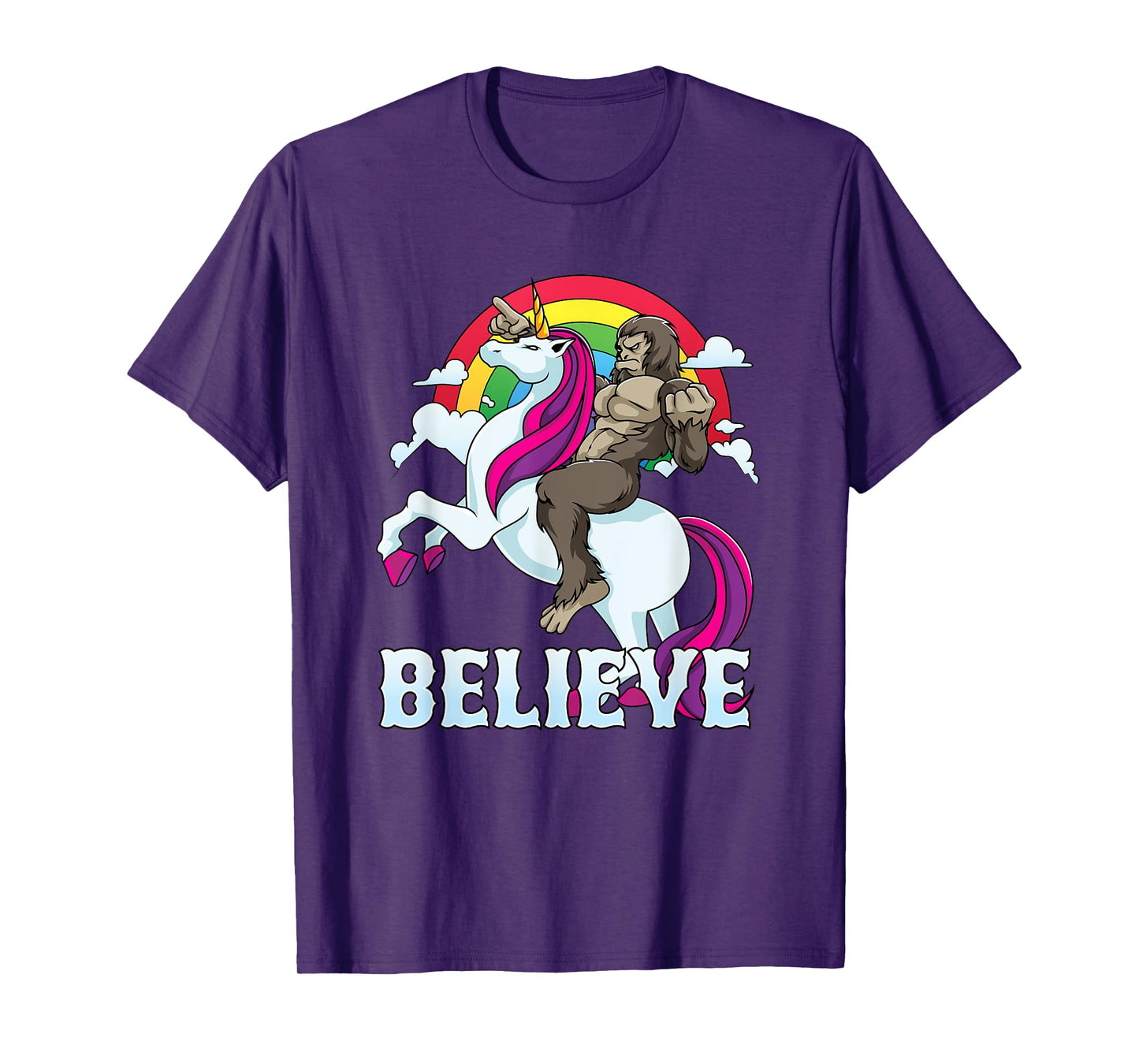 Bigfoot Riding Unicorn Believe Sasquatch Faith Rainbow T-Shirt