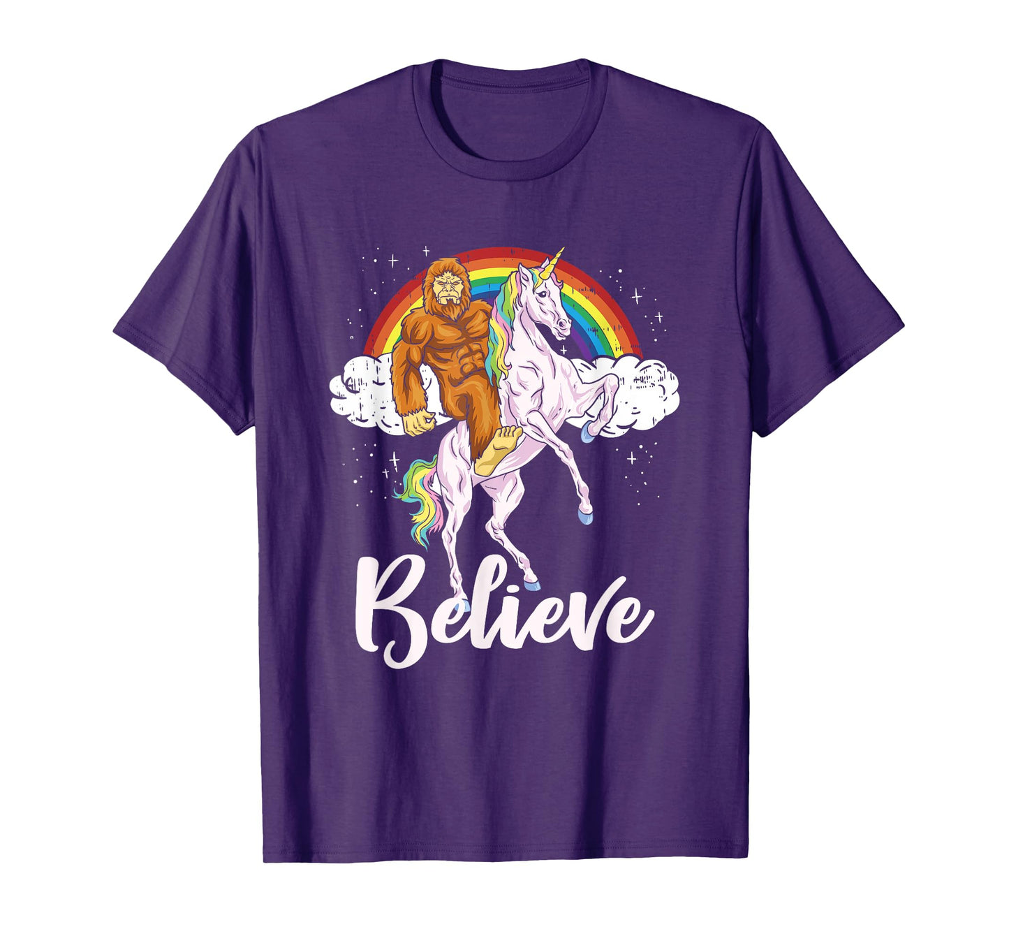 Bigfoot Riding Unicorn Believe Yeti Sasquatch Rainbow T-Shirt