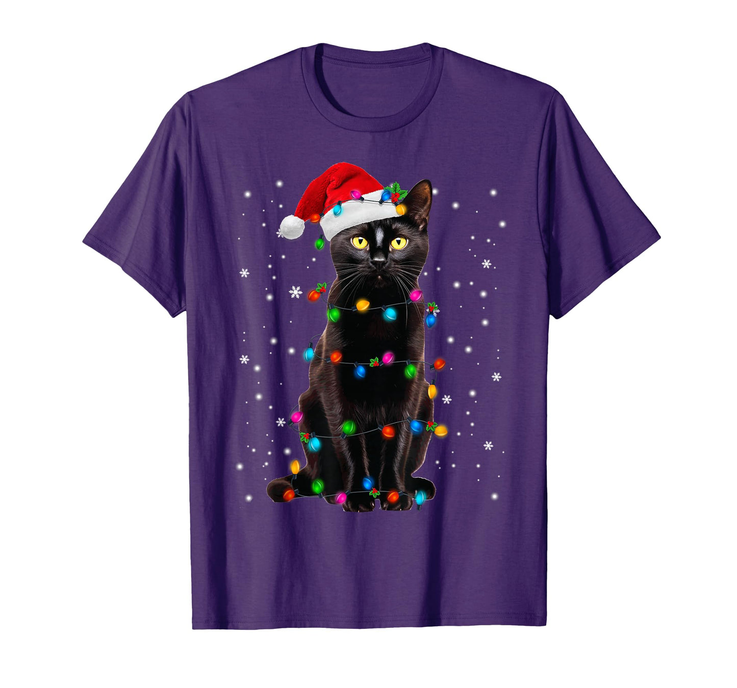 Black Cat Christmas Lights Santa Funny Cat Dad Mom Xmas T-Shirt