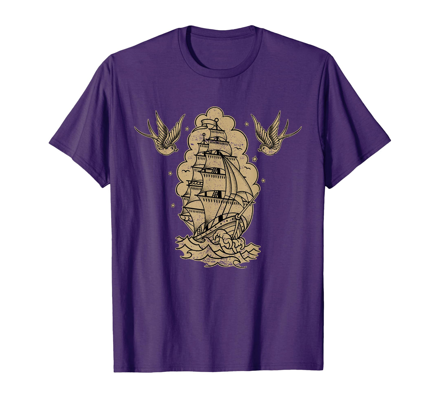 Old School Sailor Tattoo Clipper Ship and Swallows T-Shirt
