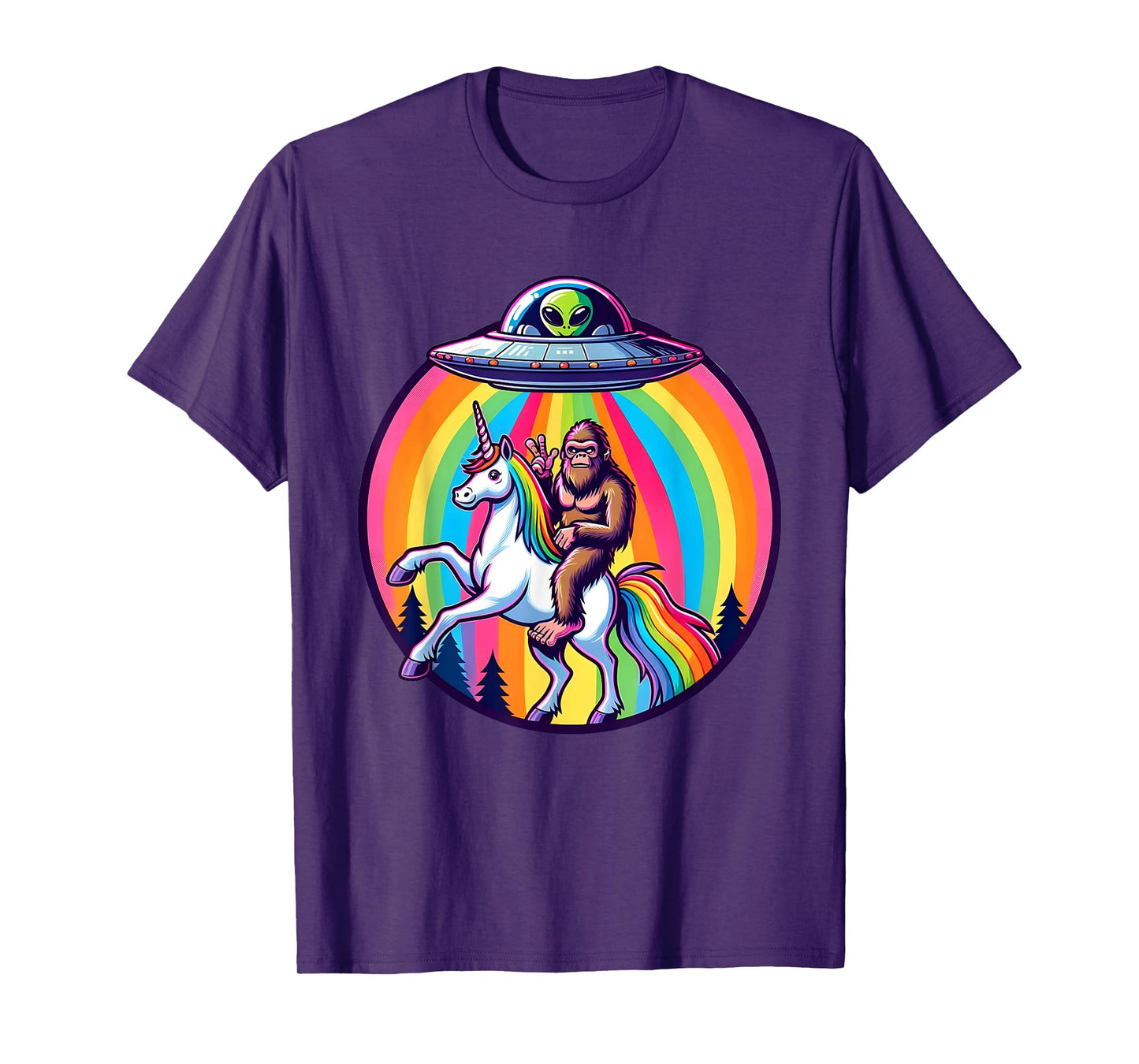 Bigfoot riding a Unicorn beamed up by a UFO, Alien, Cryptid T-Shirt