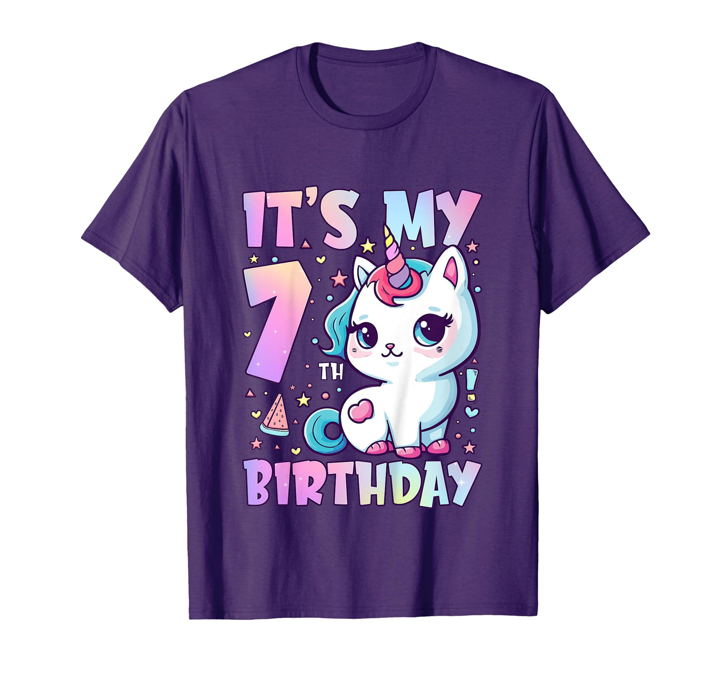7th Birthday Shirt Girl Seven Year Old Cat Unicorn Birthday T-Shirt