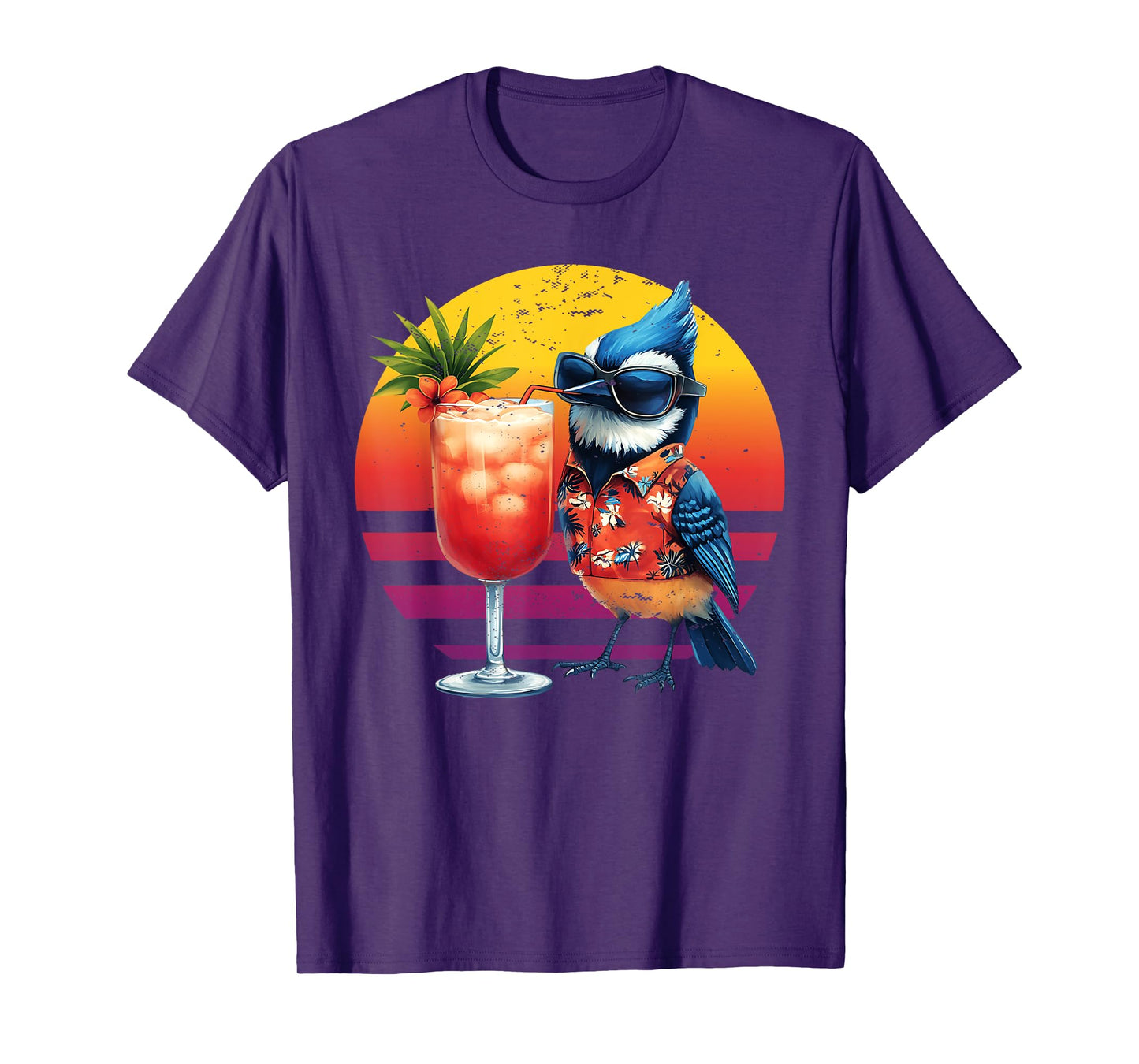 Blue Jay Drinking Hawaiian Birding Retro Summer Bird Lovers T-Shirt