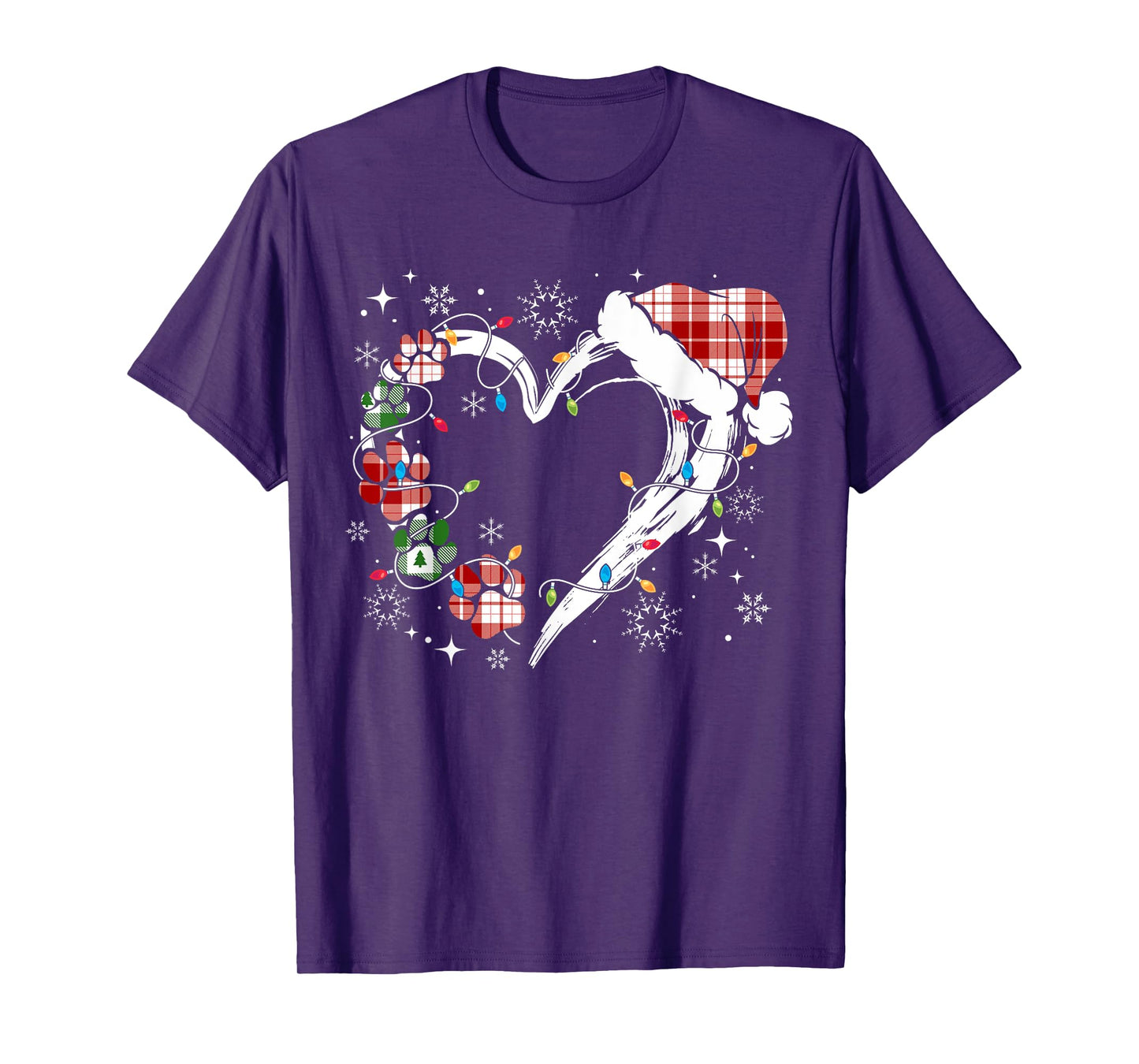 Dog Paw Print Heart Santa Hat Christmas Lights Animal Lover T-Shirt