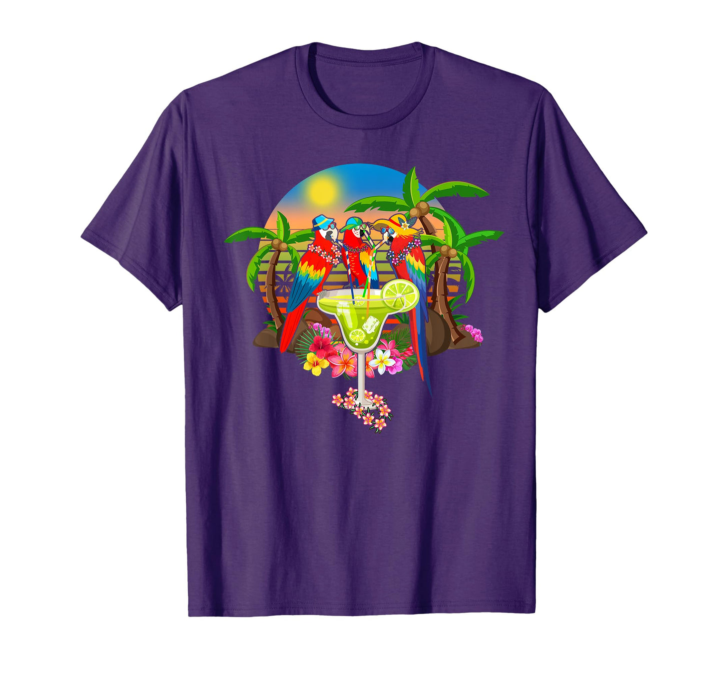 Parrots Drinking Margarita On Summer Vacation Birds Fun Men Women T-Shirt
