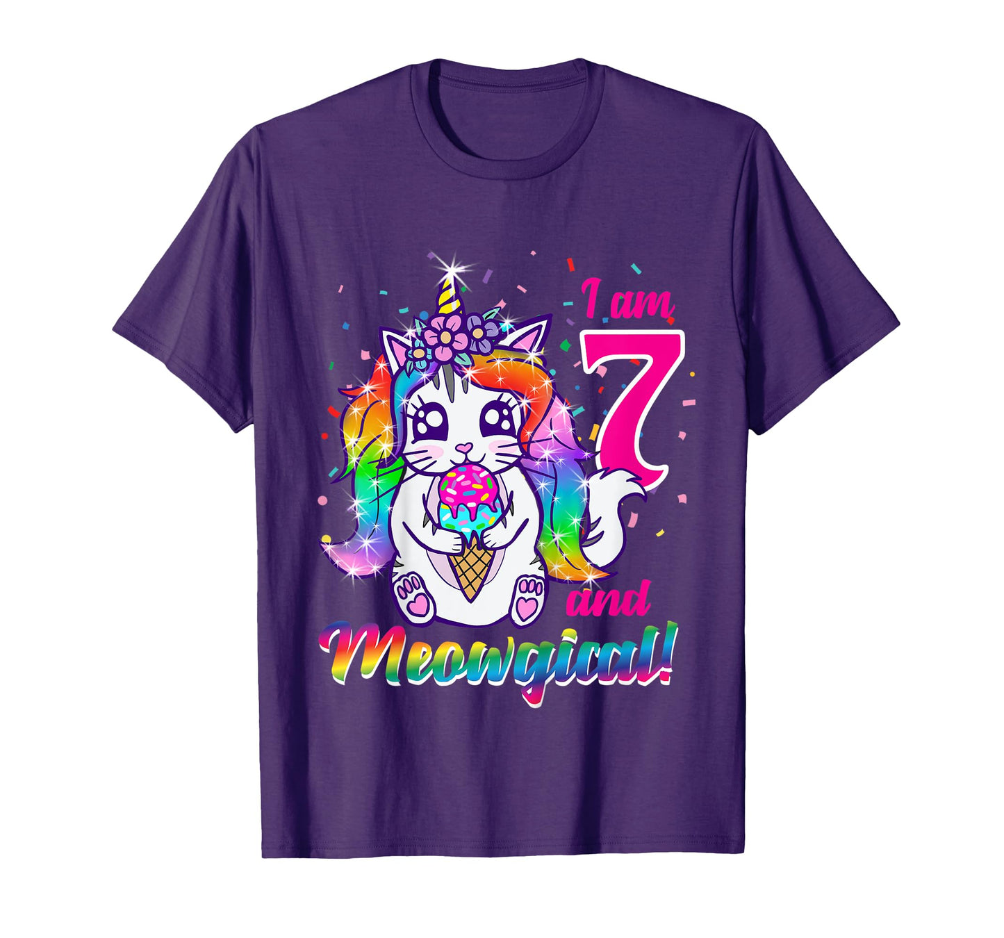 Kids I am 7 and meowgical caticorn kittycorn birthday theme party T-Shirt