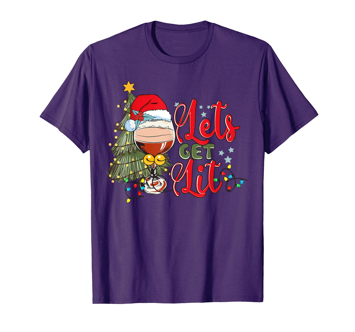 Christmas Tree Santa Hat Funny Let's Get Lit Xmas Season T-Shirt