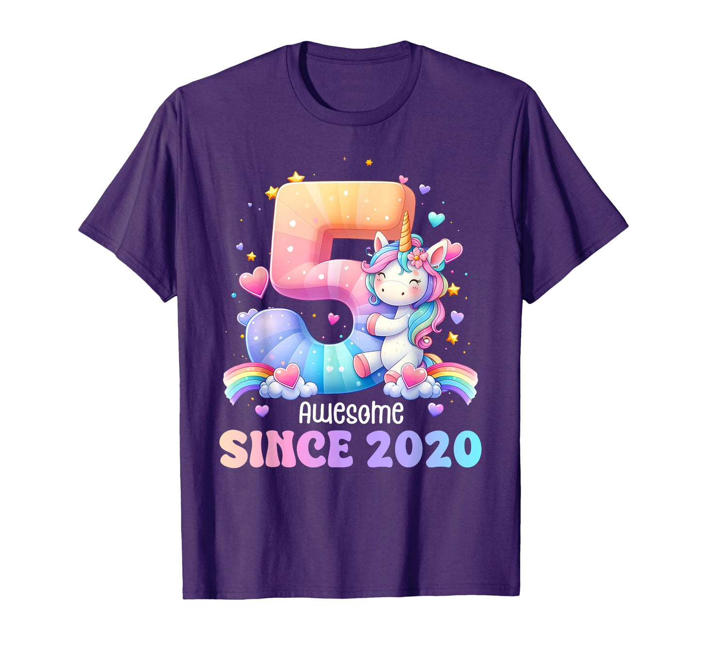 Awesome Since 2020 Unicorn Theme 5 Year Old 5th Birthday T-Shirt