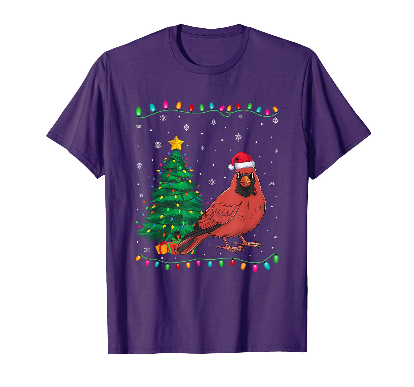 Cardinal Bird Santa Hat Men Women Kids Christmas Tree Lights T-Shirt