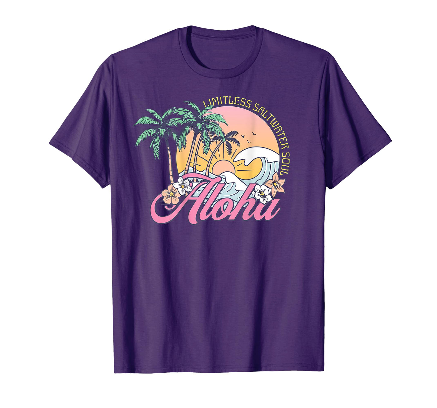Retro Aloha Sunset Palm Trees Tropical Flowers Surfing Waves T-Shirt