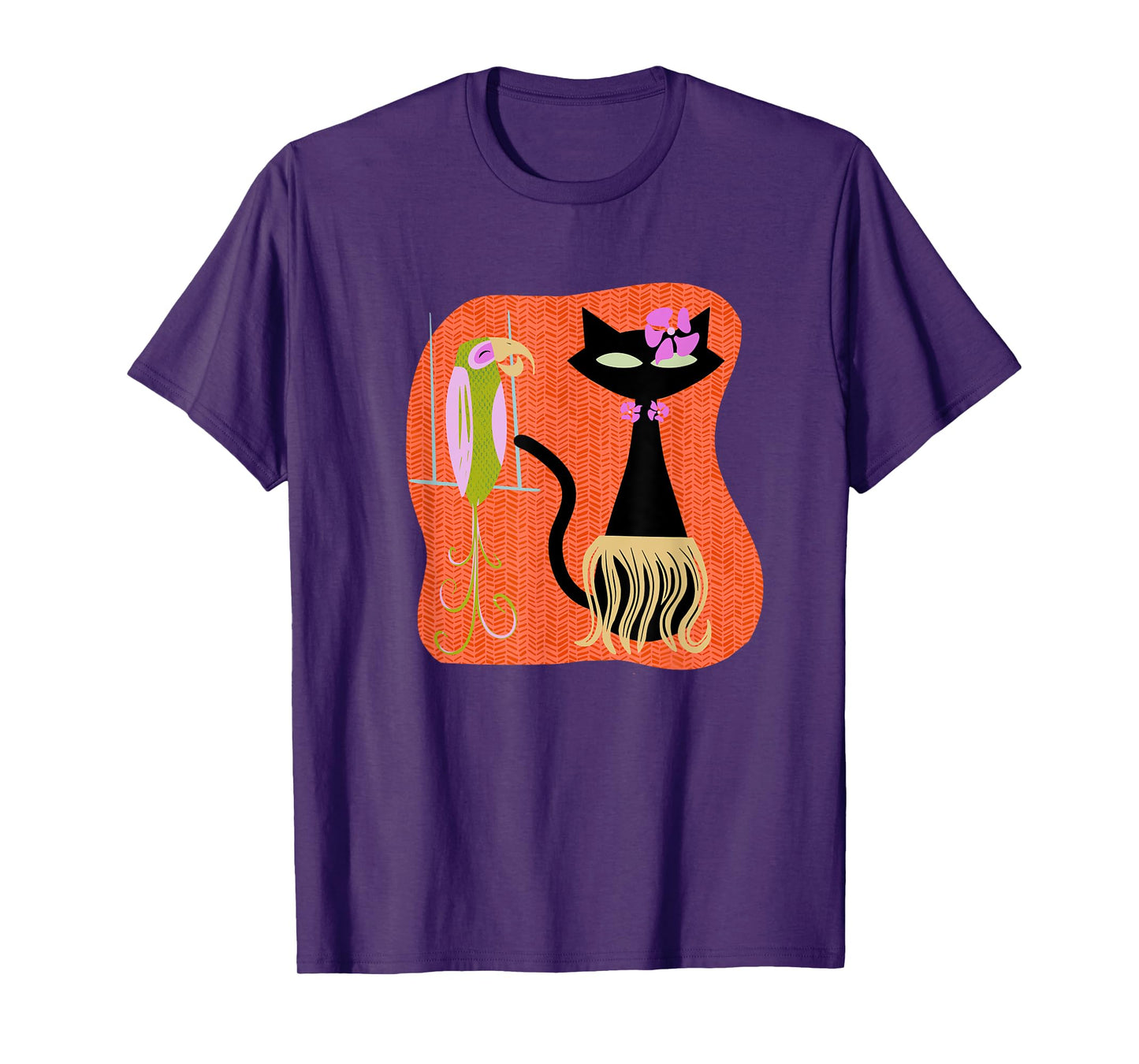 Hawaiian Hula Cat with Tropical Tiki Bird and Hibiscus Flowe T-Shirt