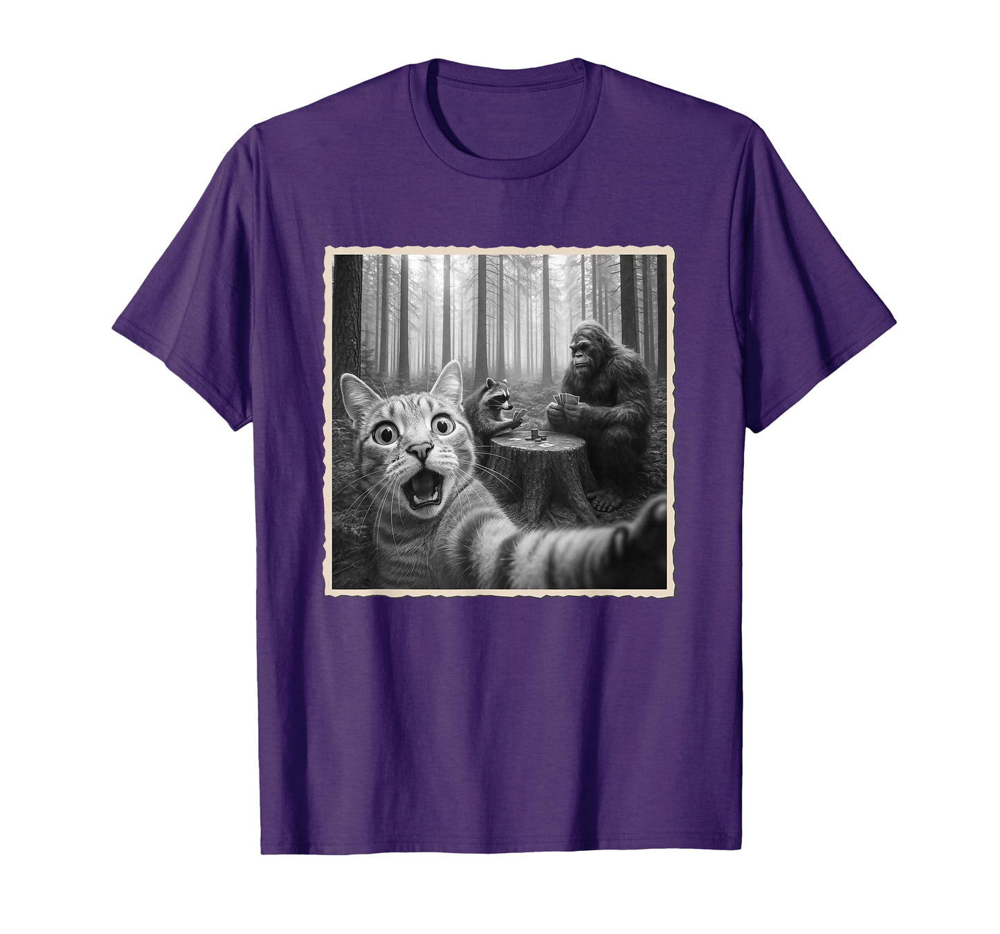 Cat Selfie With Bigfoot & Raccoon | Funny Scared Cat T-Shirt