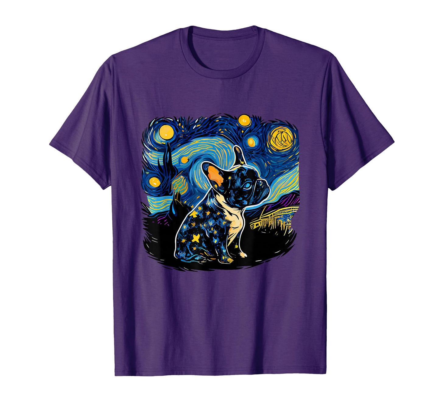 Black Frenchie French Bulldog Starry Night Van Gogh Colorful T-Shirt