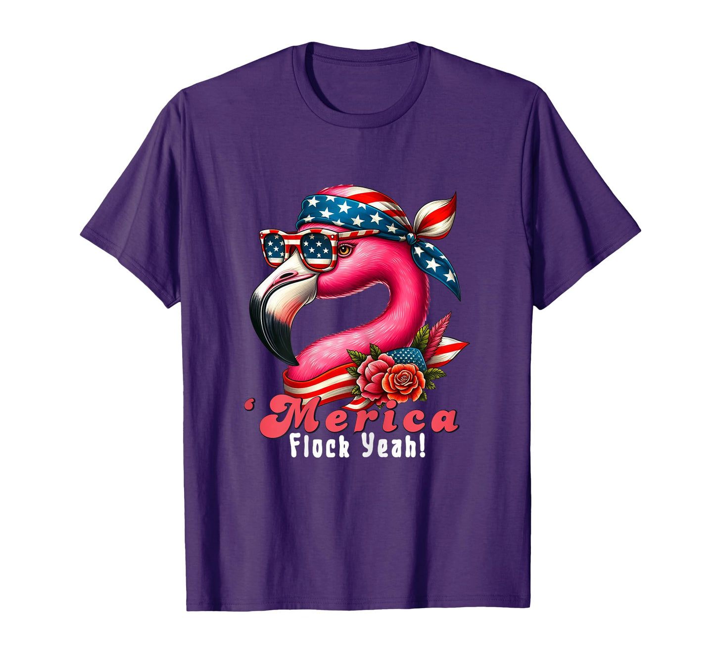 Merica Flock Yeah Patriotic Flamingo 4th of July Usa Flag Women T-Shirt