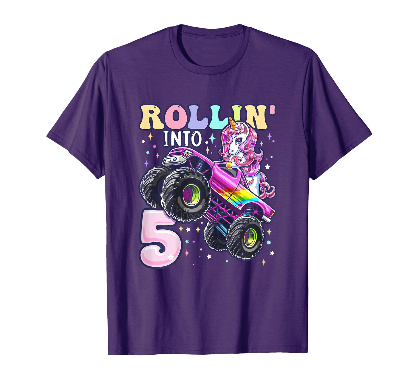 Unicorn Monster Truck 5th Birthday 5 Year Old Girls Party T-Shirt