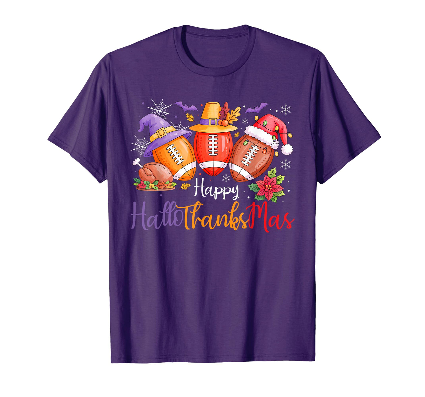 Happy Hallothanksmas Football Halloween Thanksgiving Xmas T-Shirt