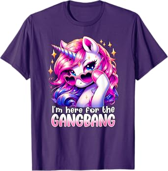 Embarrassing crude humor adult raunchy gag gift I'M HERE FOR THE GANGBANG Funny Inappropriate Sex Humor Joke Unisex-Adults Purple Small Cotton 65% Polyester 35% Short Sleeve T-Shirt