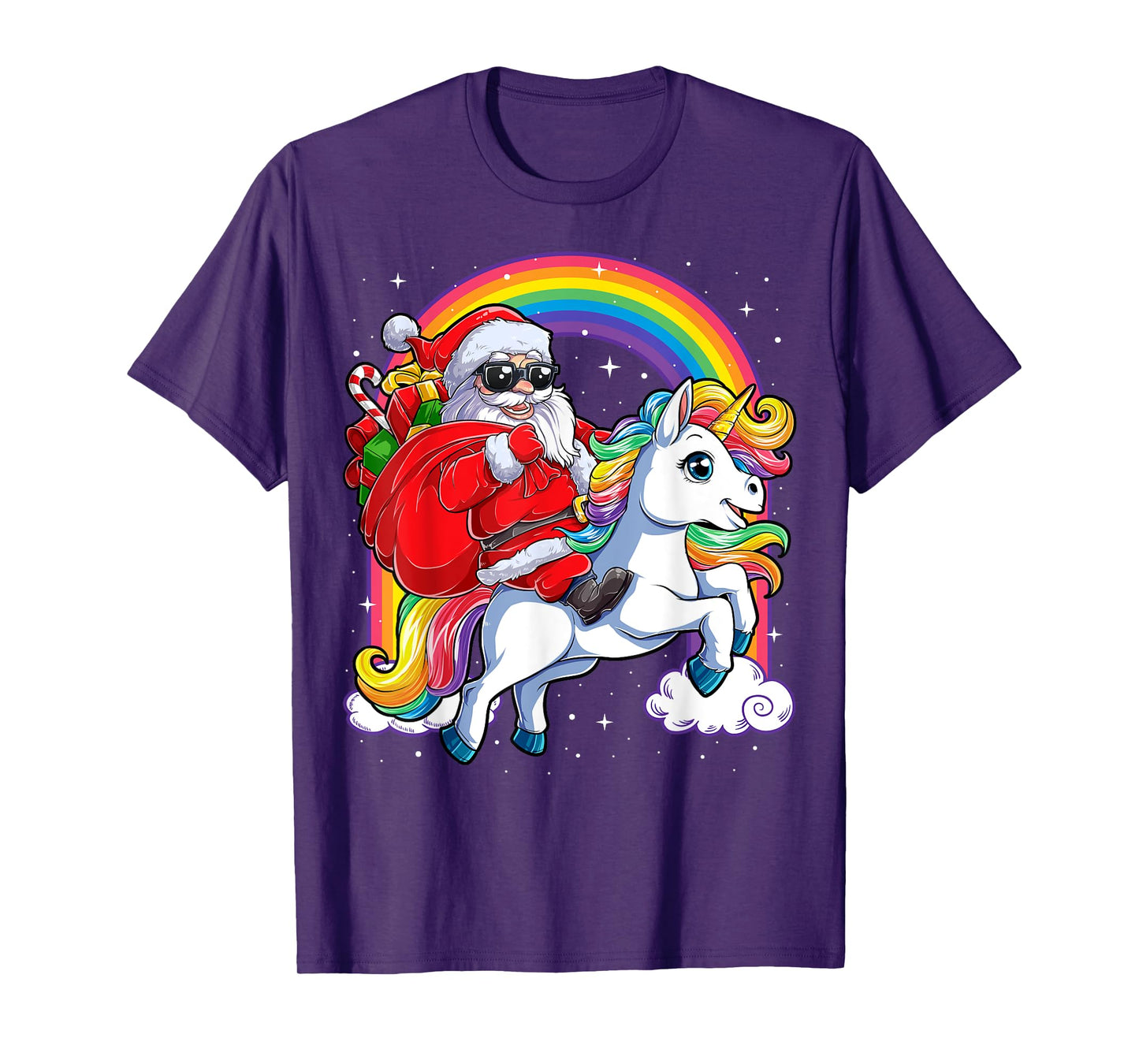 Christmas Santa Riding Unicorn Xmas Girls Women Rainbow Short Sleeve T-Shirt