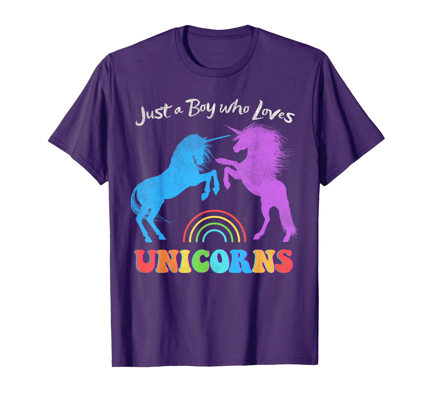 Funny Just a Boy who Loves Unicorns Retro Rainbow Distressed T-Shirt