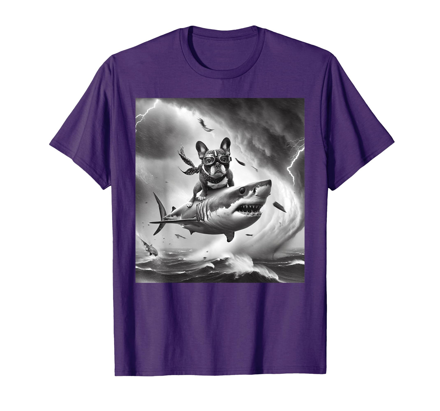 Funny Dog French Bulldog Riding a Shark in Tornado Meme T-Shirt