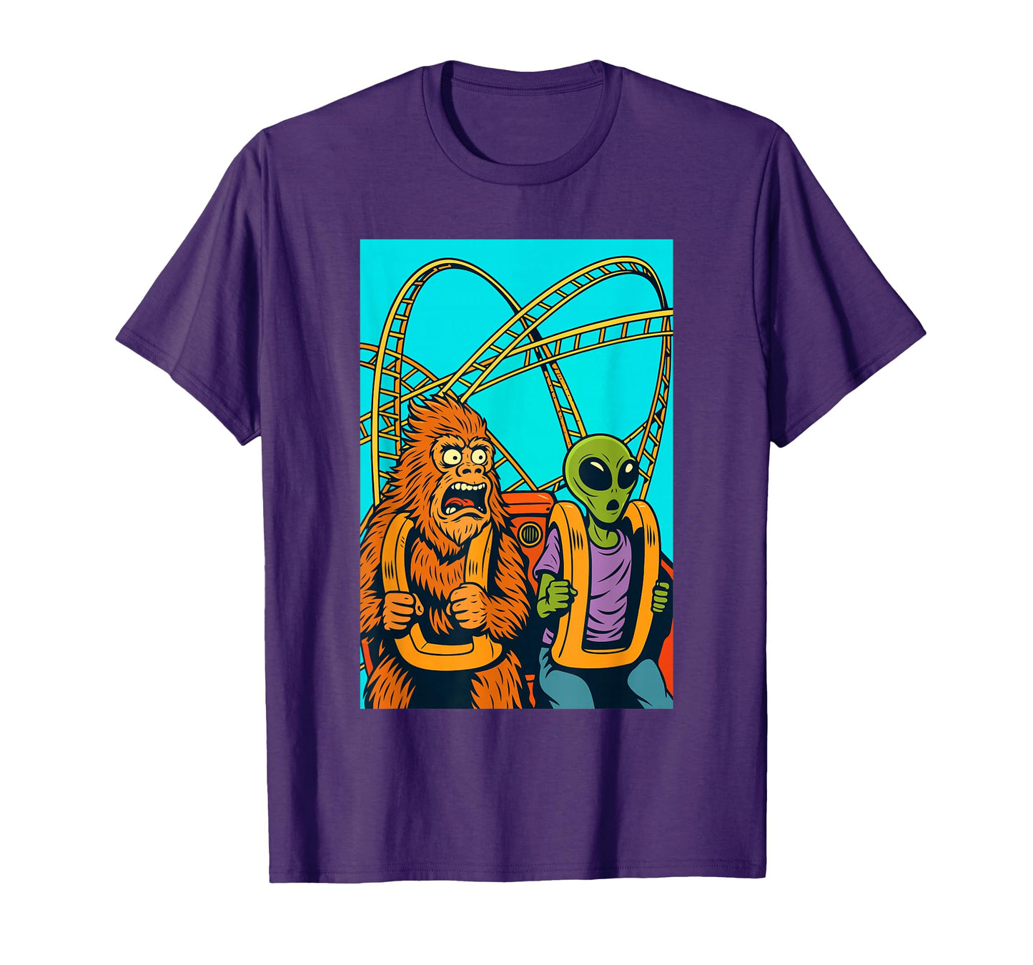 Bigfoot and Alien Riding Roller Coaster Amusement Theme Park T-Shirt