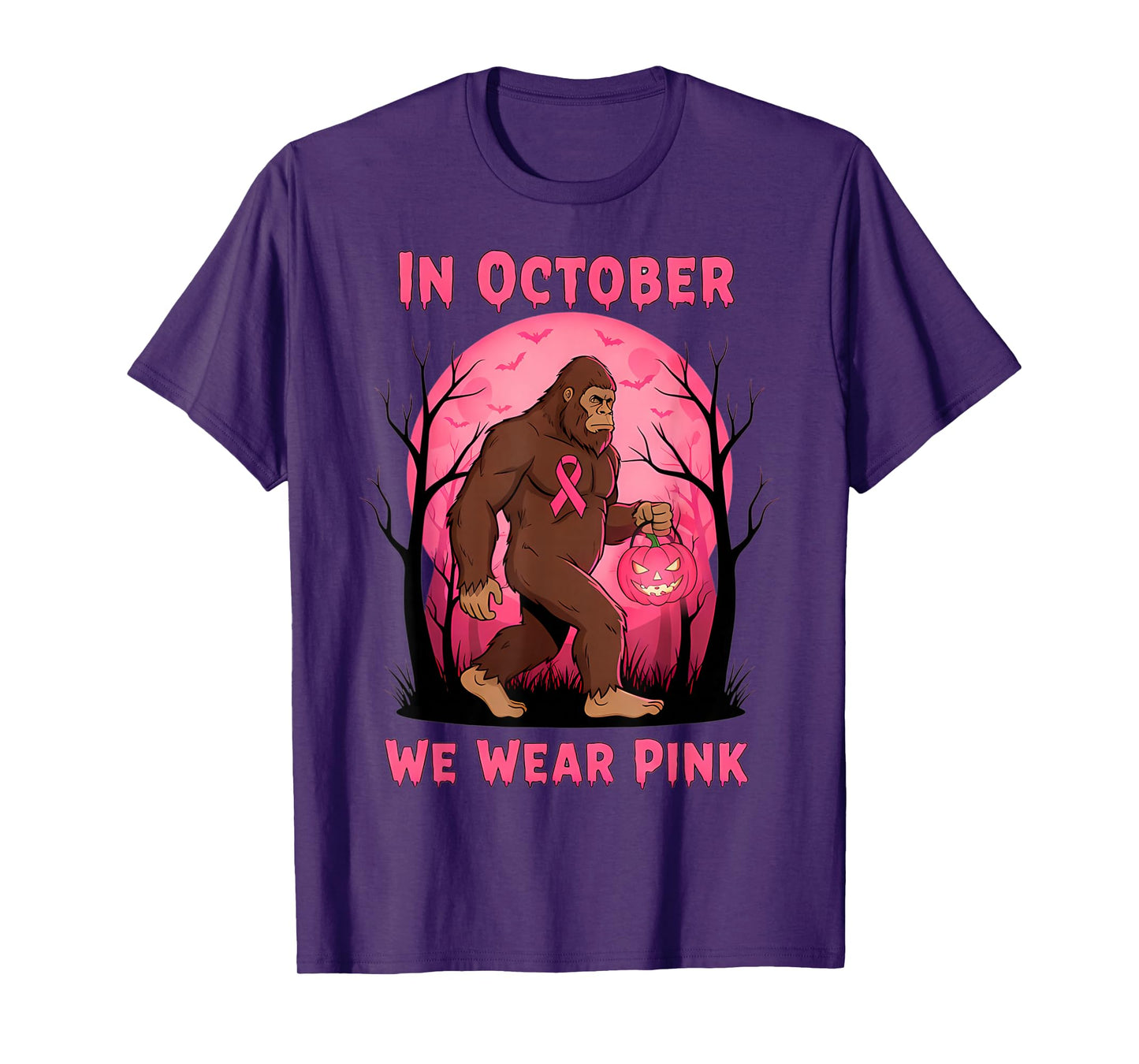 in October We Wear Pink Bigfoot Halloween Breast Cancer T-Shirt