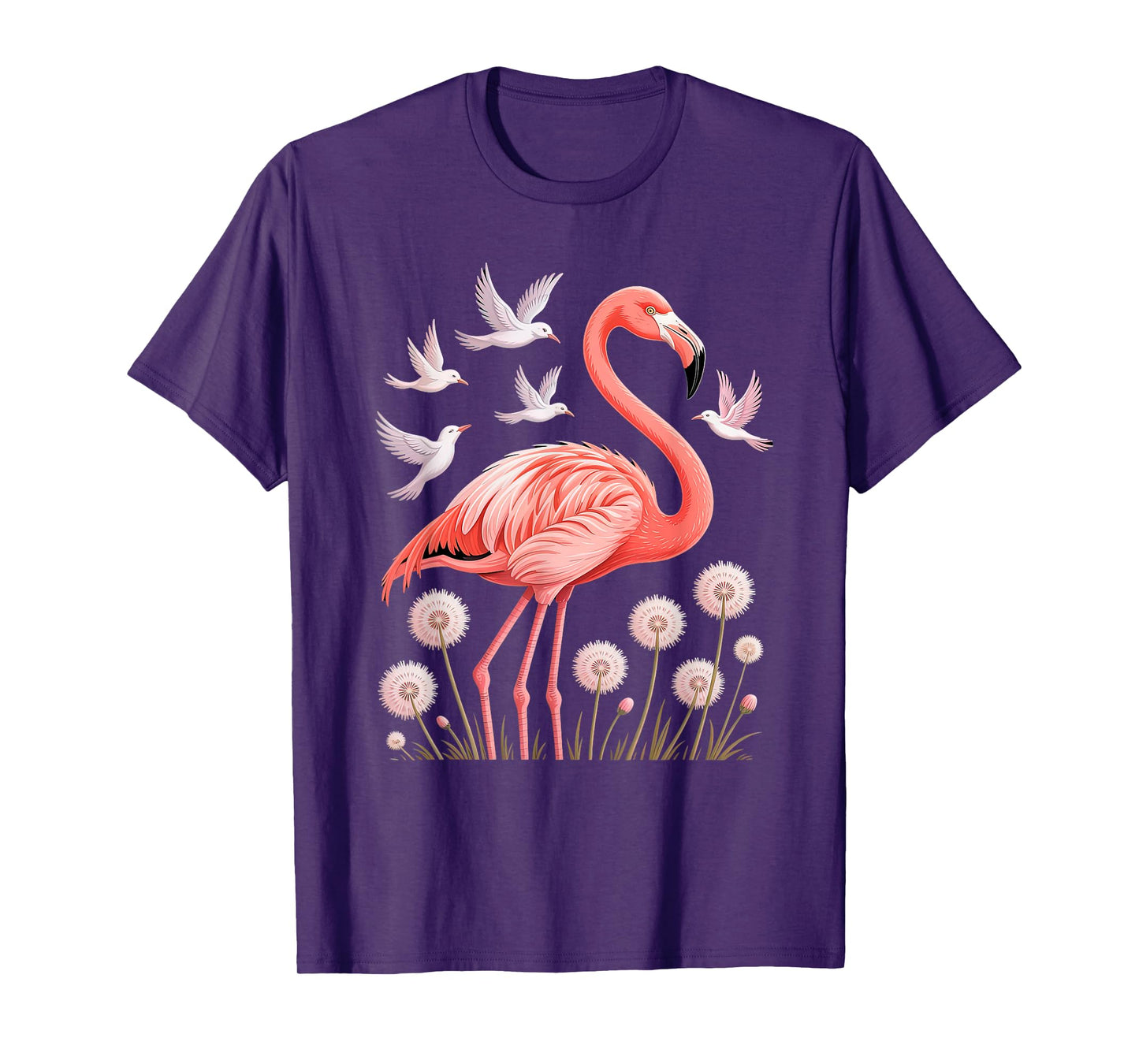 Flamingo with Sunset Colors and Flowers in Nature Scene T-Shirt