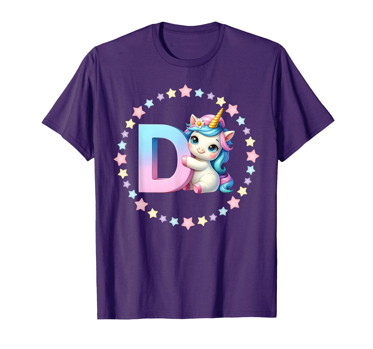 Unicorn Letter D Initial Rainbow Monogram for Girls and Kids T-Shirt