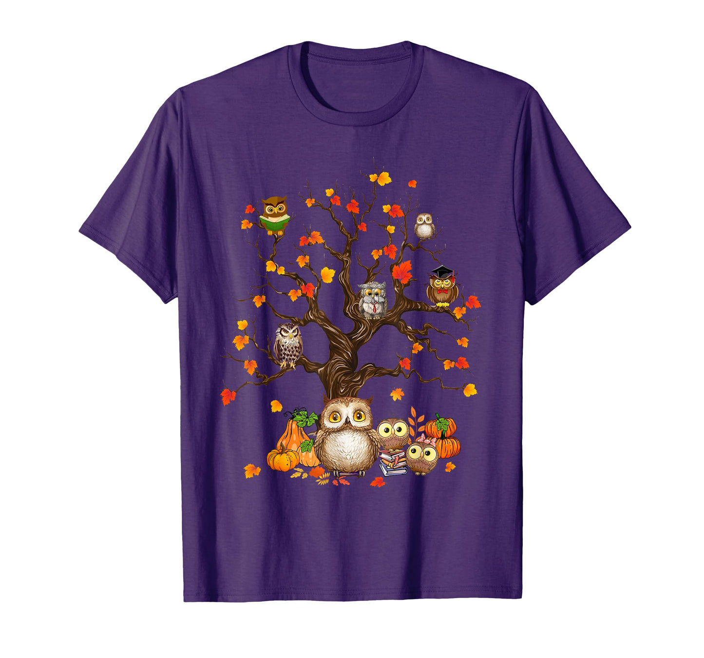 Owls Leaves Tree Fall Autumn Pumpkin Halloween Owl Lover Kid T-Shirt