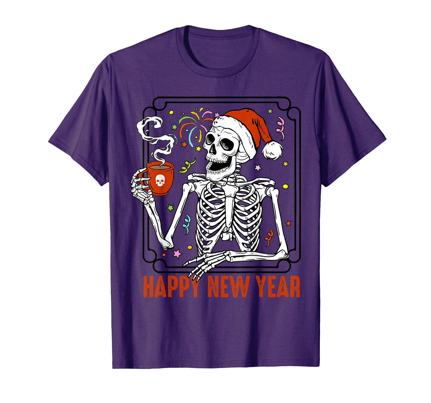 Happy New Year Christmas Funny Skeleton Drinking Coffee Xmas T-Shirt