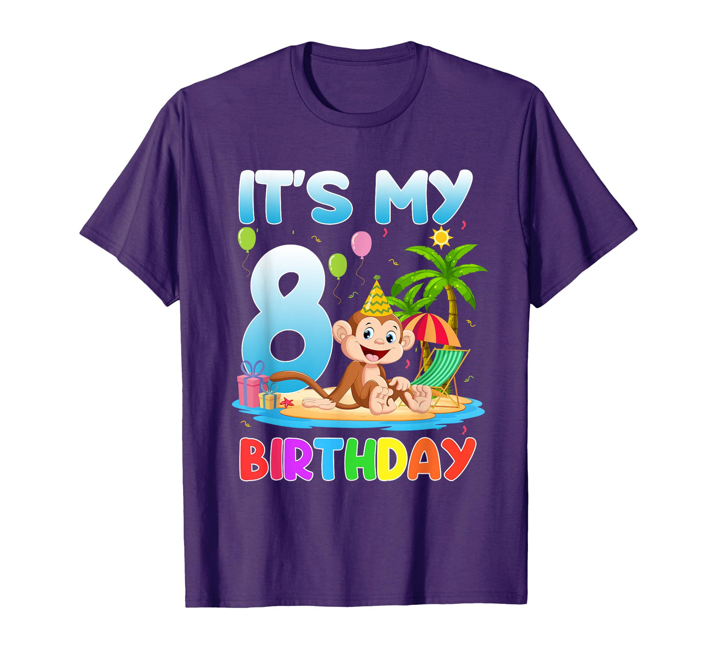 It's My 8th Birthday Summer Monkey 8 Year Old Bday Party Kid T-Shirt