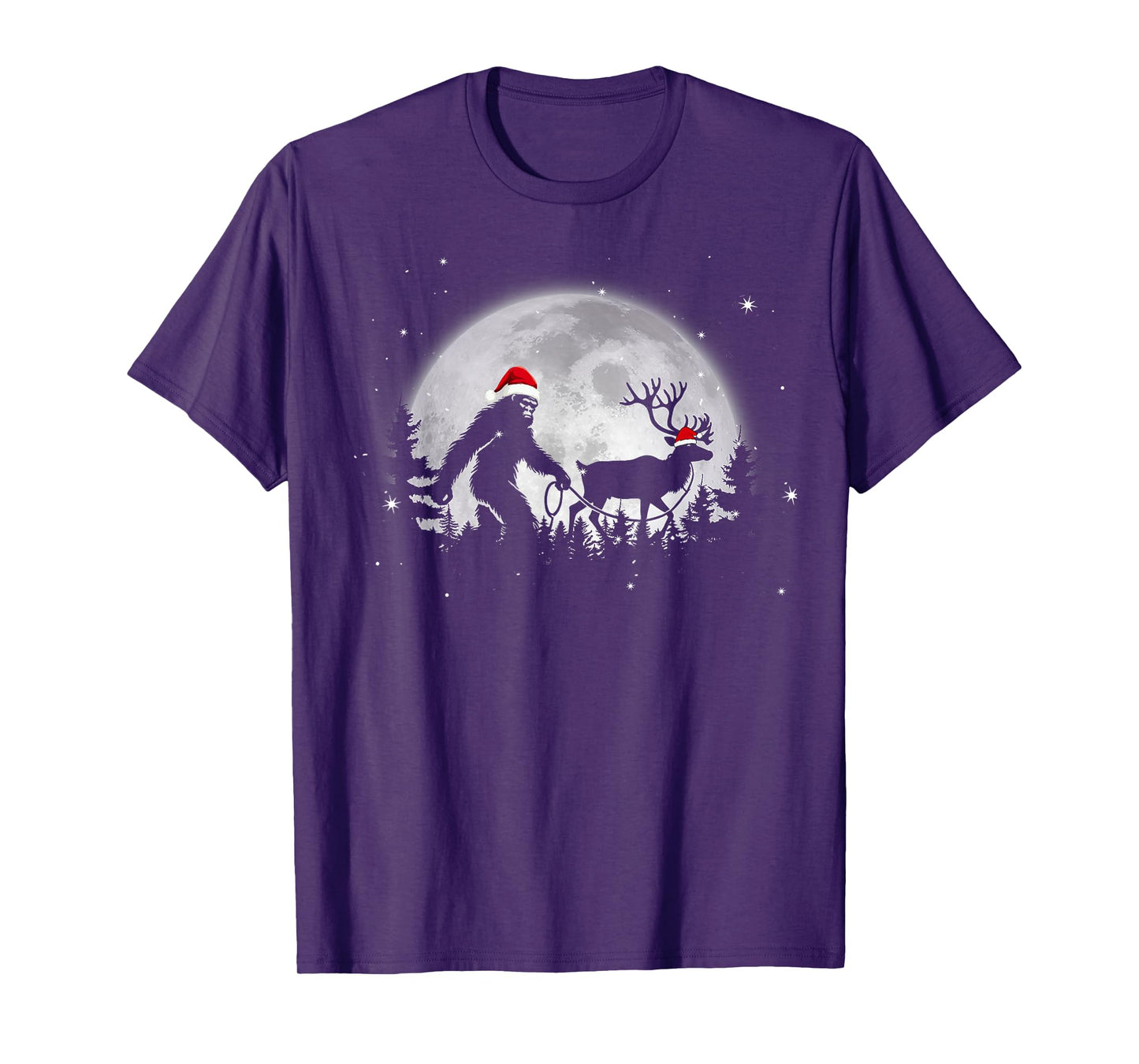 Funny Bigfoot Walking Reindeer Full Moon Christmas Sasquatch T-Shirt