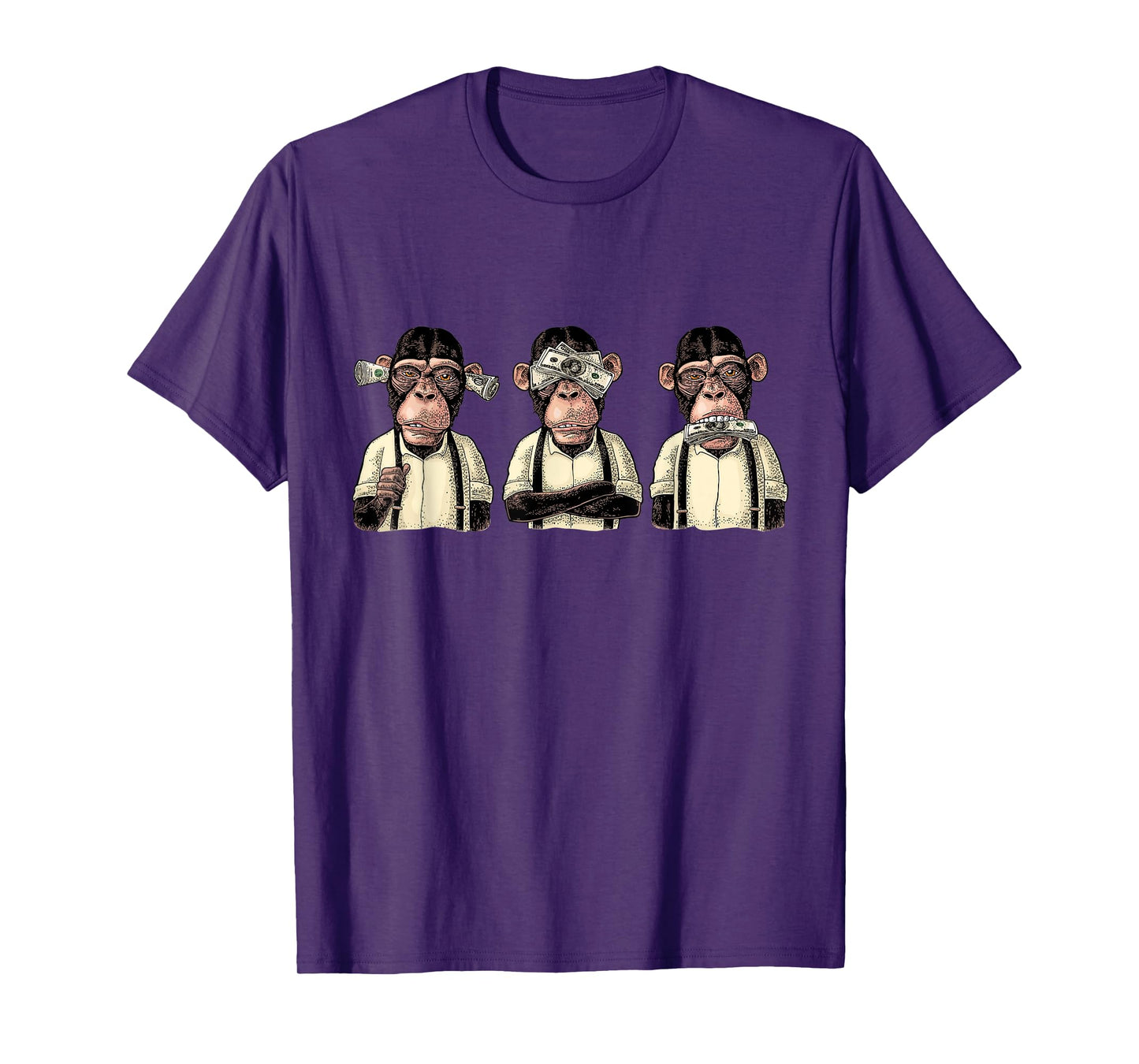 Money A Bag HEAR NO SEE NO SPEAK NO EVIL Monkey Dollar Bills T-Shirt