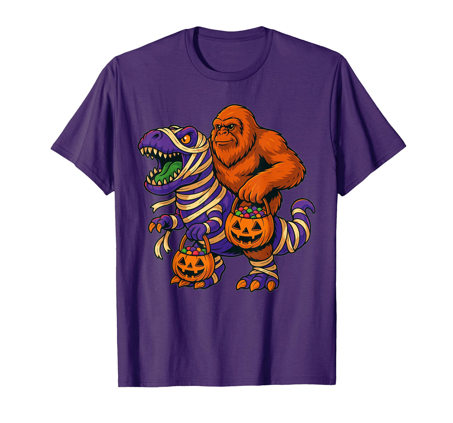 Bigfoot Riding Mummy Dinosaur T rex Halloween Funny Pumpkin T-Shirt