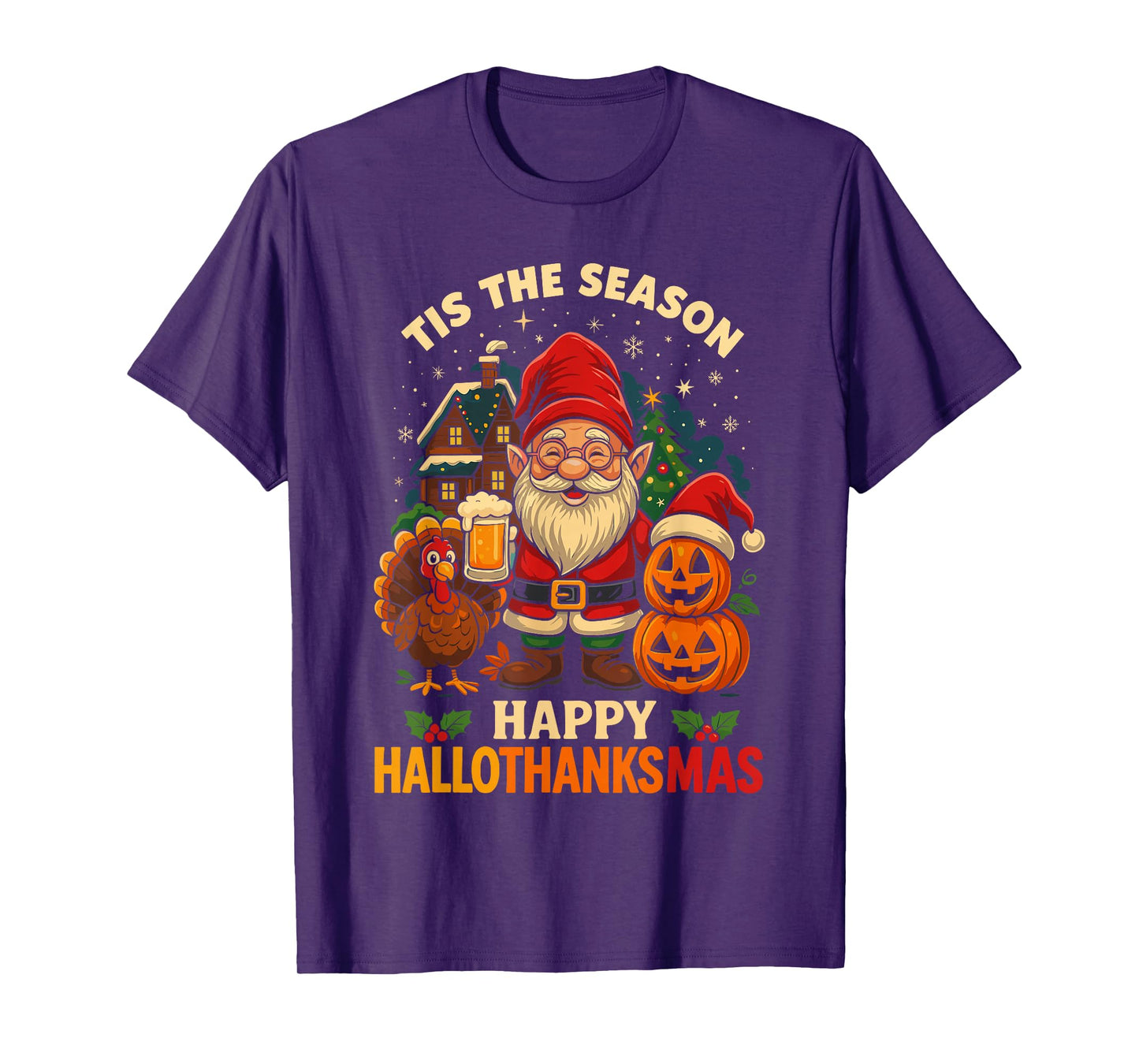 Gnome Happy Hallothanksmas Shirt Halloween Thanksgiving Xmas T-Shirt