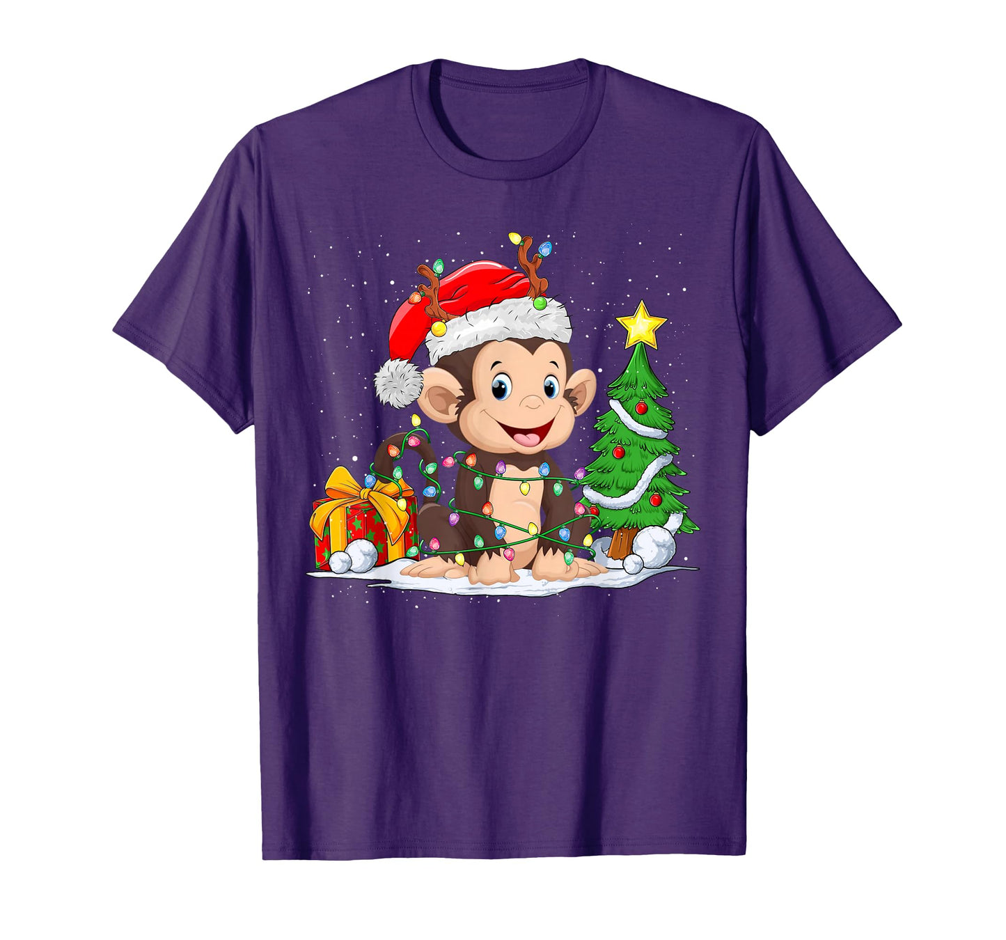 Cute Monkey Santa Christmas Tree Lights Xmas Pajama Monkey T-Shirt