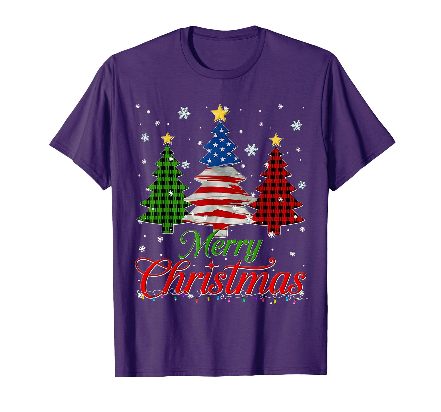 Merry Christmas Tree Plaid US Flag Snowflake Xmas Men T-Shirt
