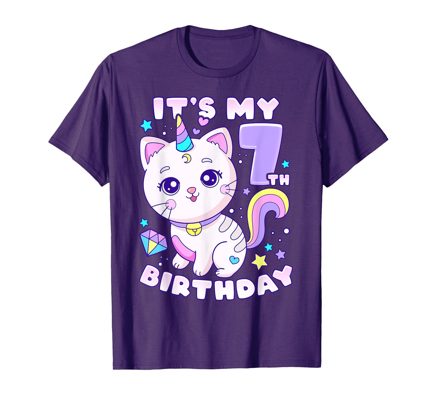 Birthday girl 7 years old, cat, unicorn, 7th birthday T-Shirt