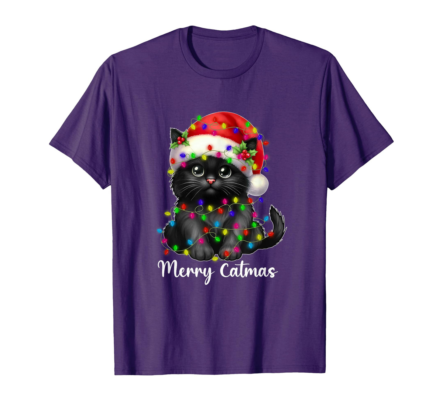 Merry Catmas Black Cat Christmas Light Xmas Family Men Women T-Shirt