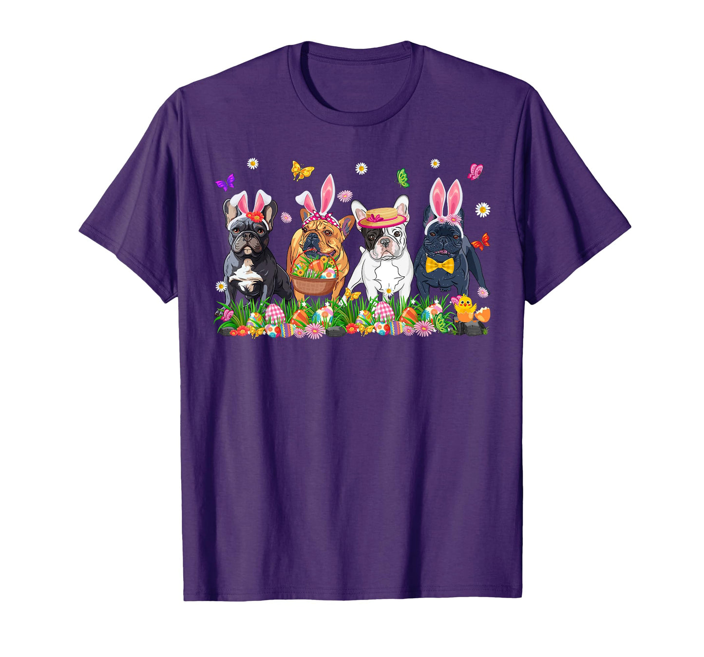 Cute Frenchie Dogs With Bunny Ears & Egg Basket Easter Day T-Shirt