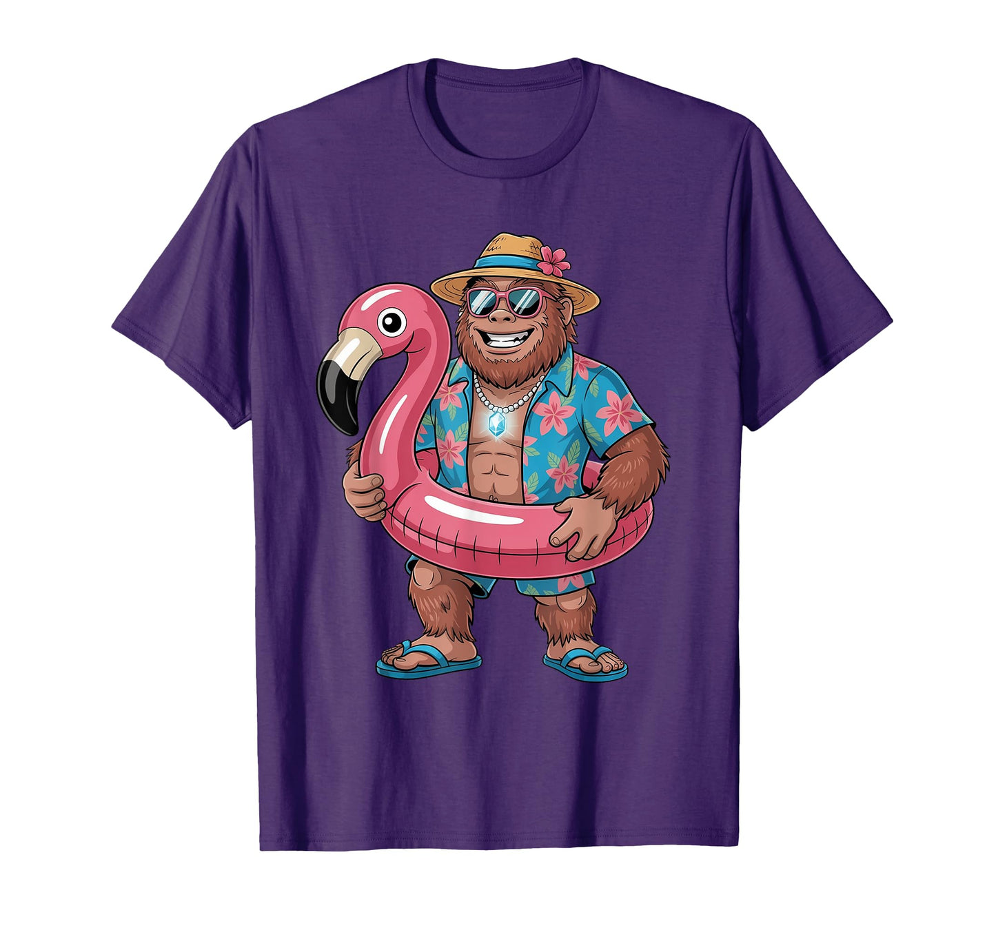 Pink Flamingo Bigfoot Hawaiian Costume Tropical Summer Beach T-Shirt