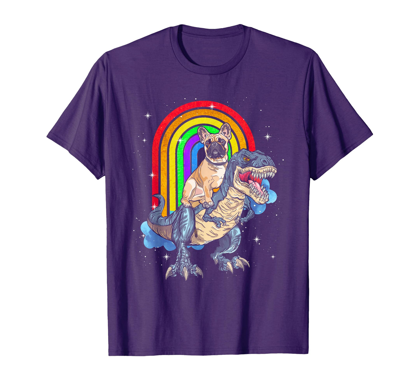 French Bulldog Riding Dinosaur T rex Rainbow T-Shirt for Men Women Kids